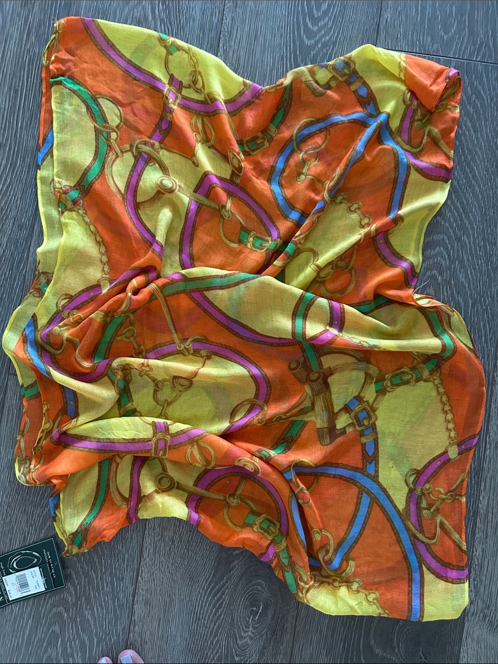 Ralph Lauren Yellow Orange Multicolor Chain-Print Infinity Scarf - Picture 4 of 7